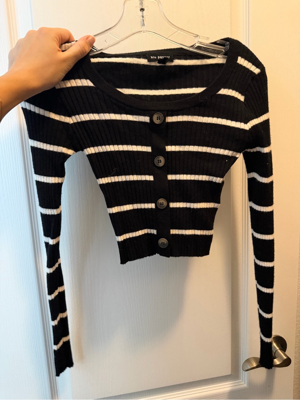 Blu Pepper Black & White Striped Cropped Button-Front Cardigan